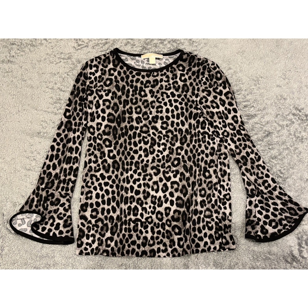 Michael Kors Blouse Womens XSP Animal Print Leopard 3/4 Bell Sleeve Grey Black